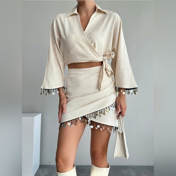 Zara Linen Capiz Shell mini boho beachy Women's Skirt Size S - Picture 2 of 16